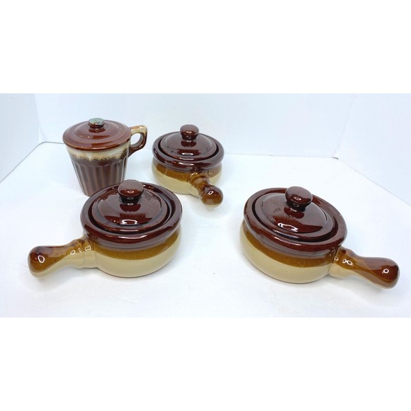 Soup Bowls , GLAZED STONEWARE CLAY WITH HANDLE AND LID 3 lot, 1 Mug Monmouth - Picture 13 of 15